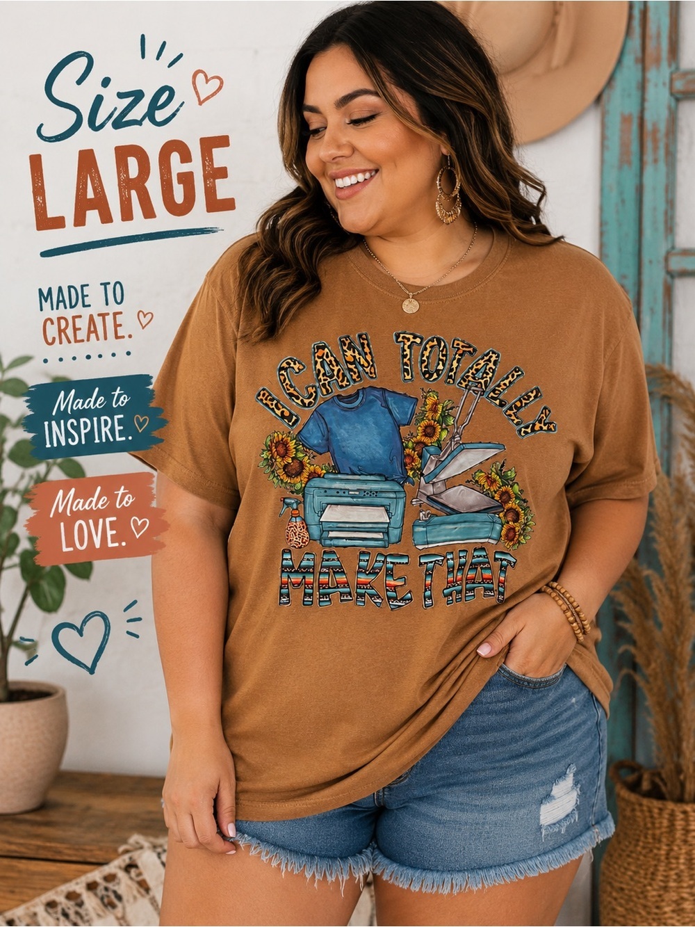 SONOMA Brown Graphic Tee with Blue Vintage Sewing Motif LARGE